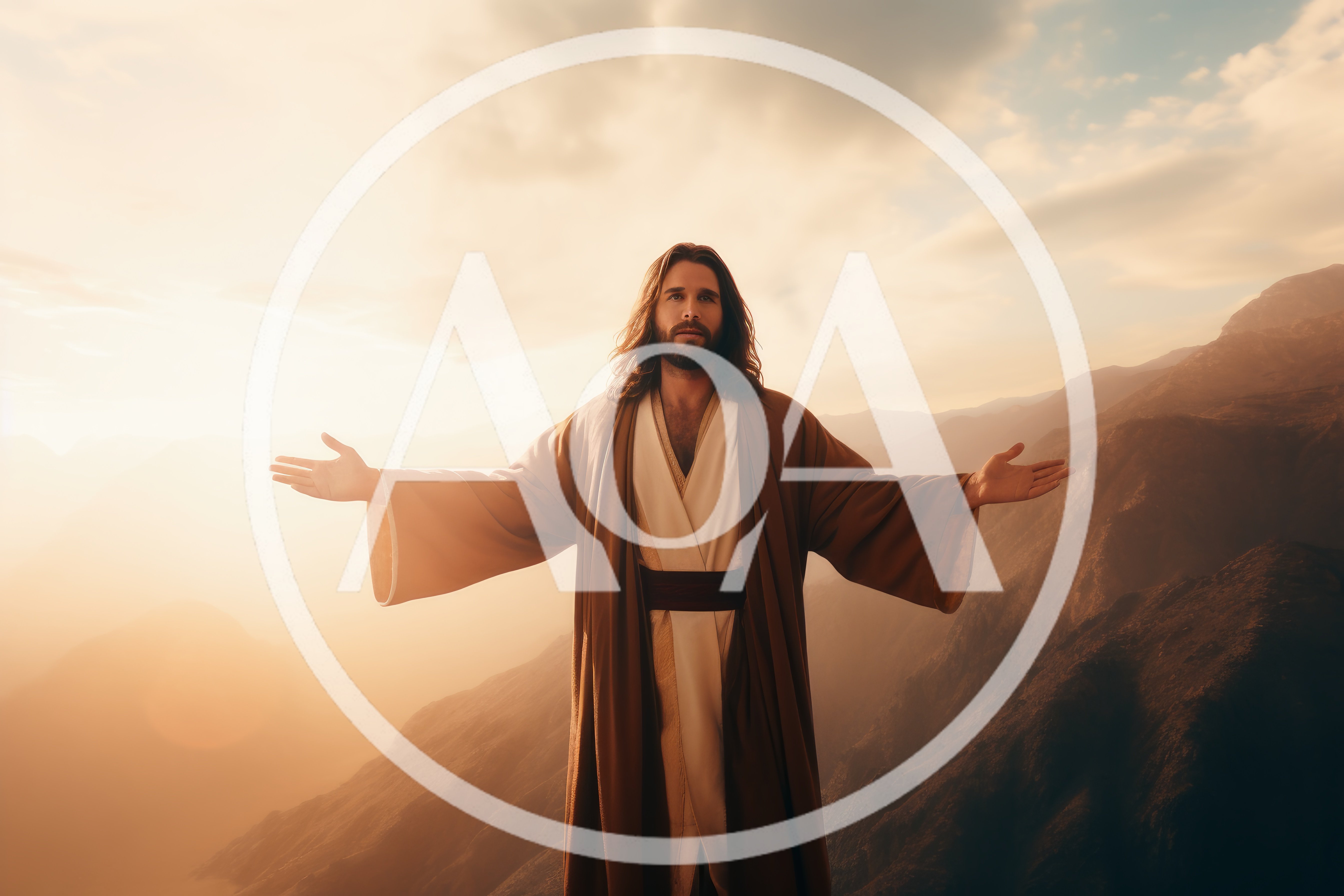 Jesus Christ Standing With Open Arms In Mountain Landscape