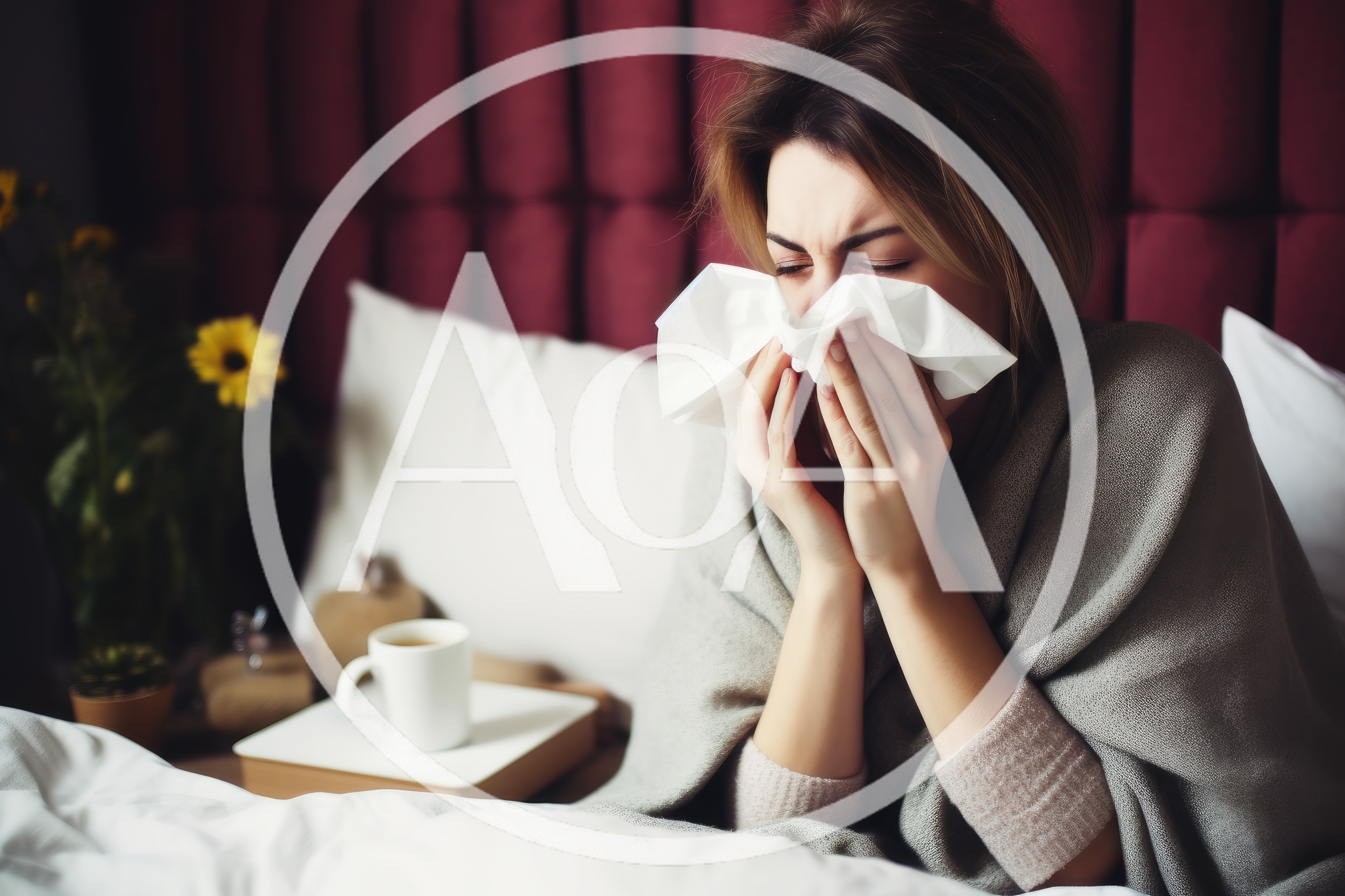 Sick Woman Blowing Her Nose In Bed
