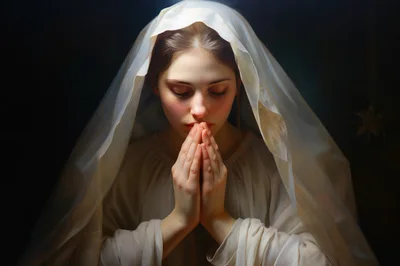 Young Woman Praying With Hands Clasped In White Veil