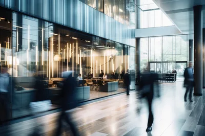 Blurred Business People Walking Through Modern Office Lobby