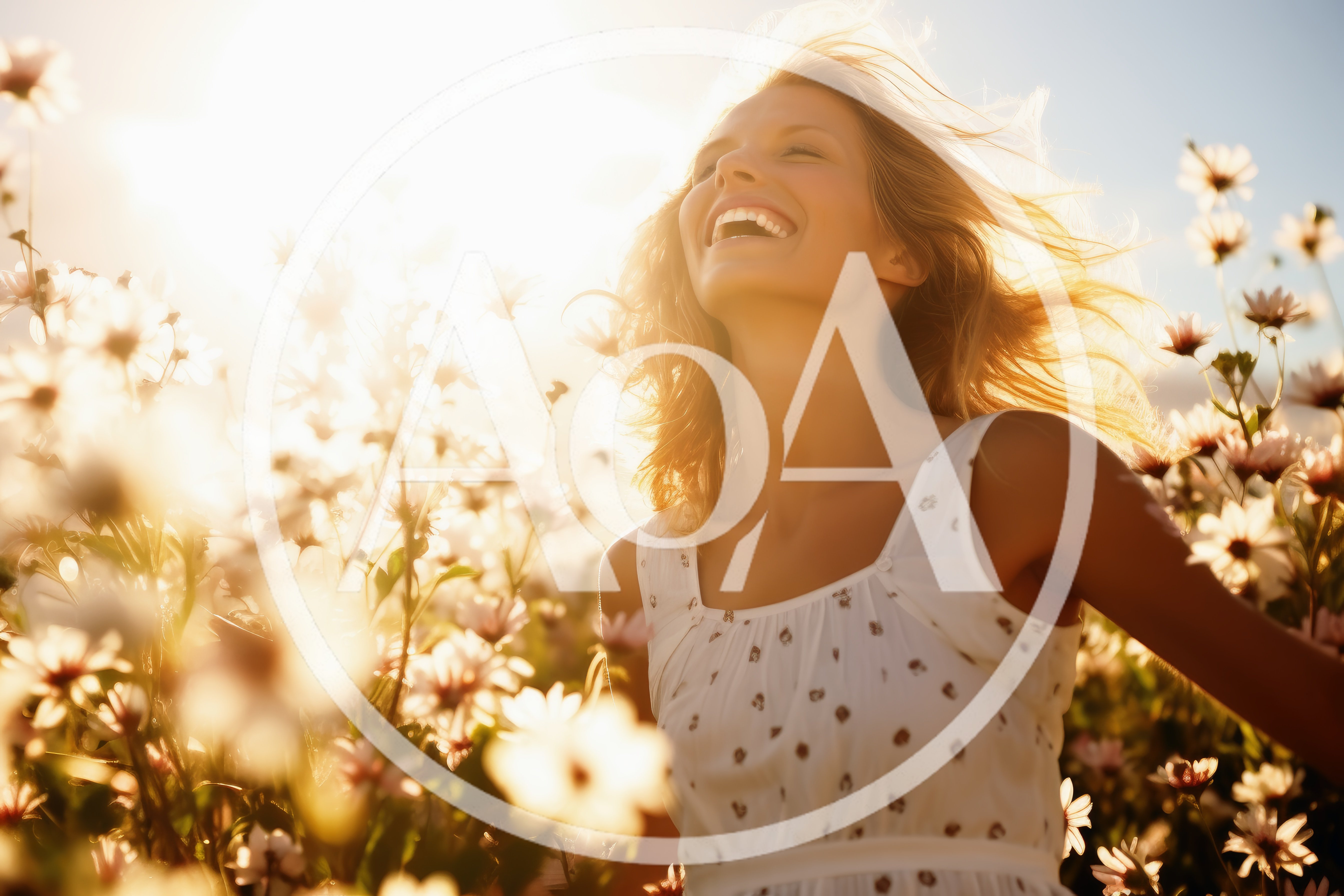 Happy Woman Laughing In A Sunny Flower Field