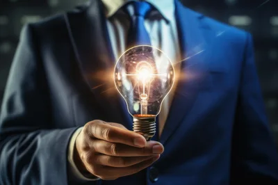 Businessman Holding A Glowing Light Bulb Concept