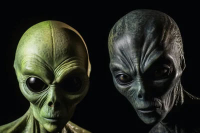 Two Realistic Extraterrestrial Alien Heads Side By Side