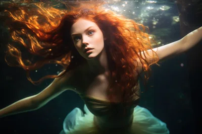 Redheaded Woman Swimming Underwater In A Flowing Dress