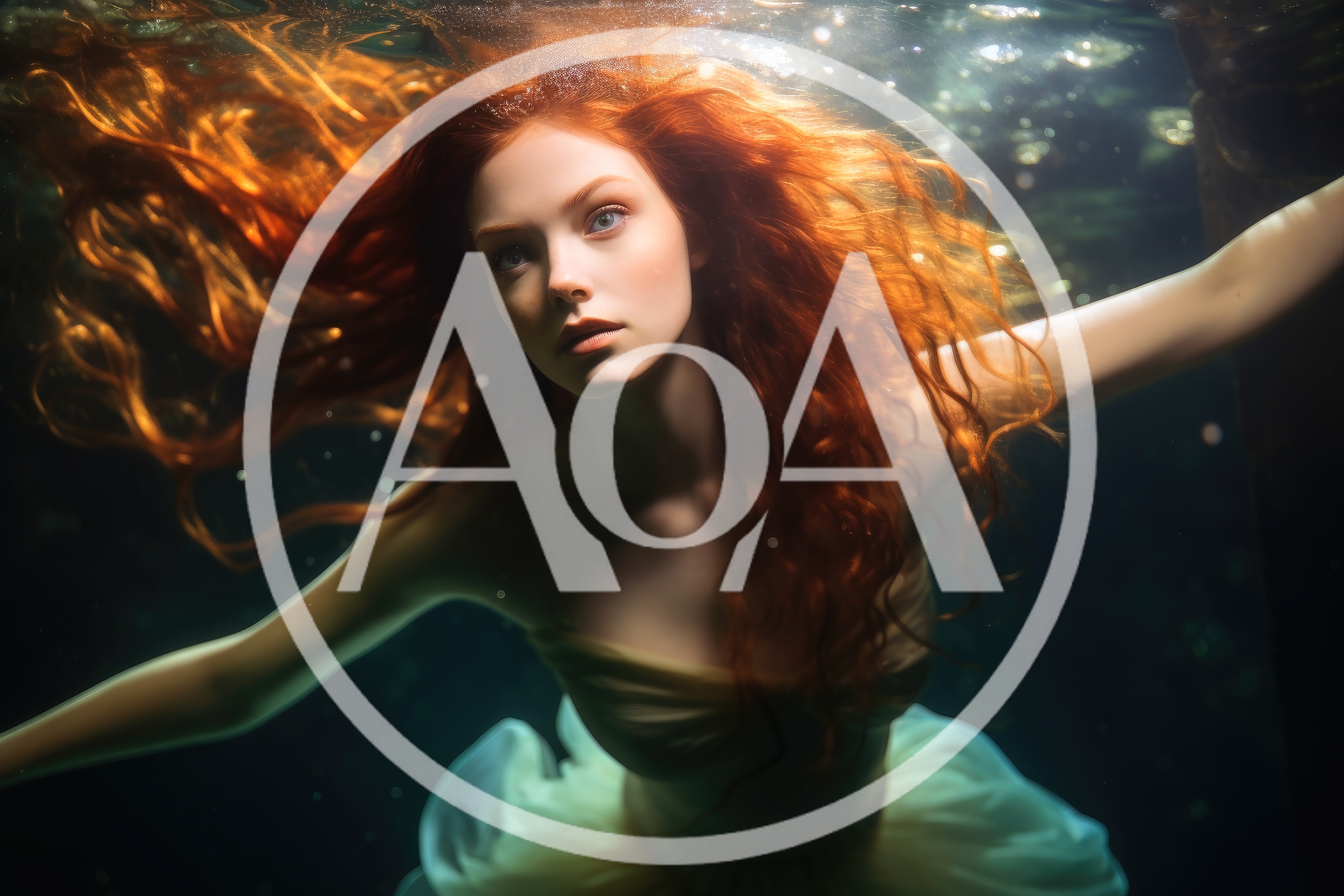 Redheaded Woman Swimming Underwater In A Flowing Dress