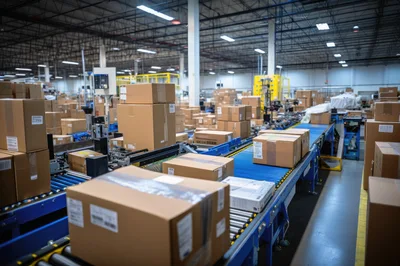 Cardboard Boxes Moving Along Automated Warehouse Conveyor Belt