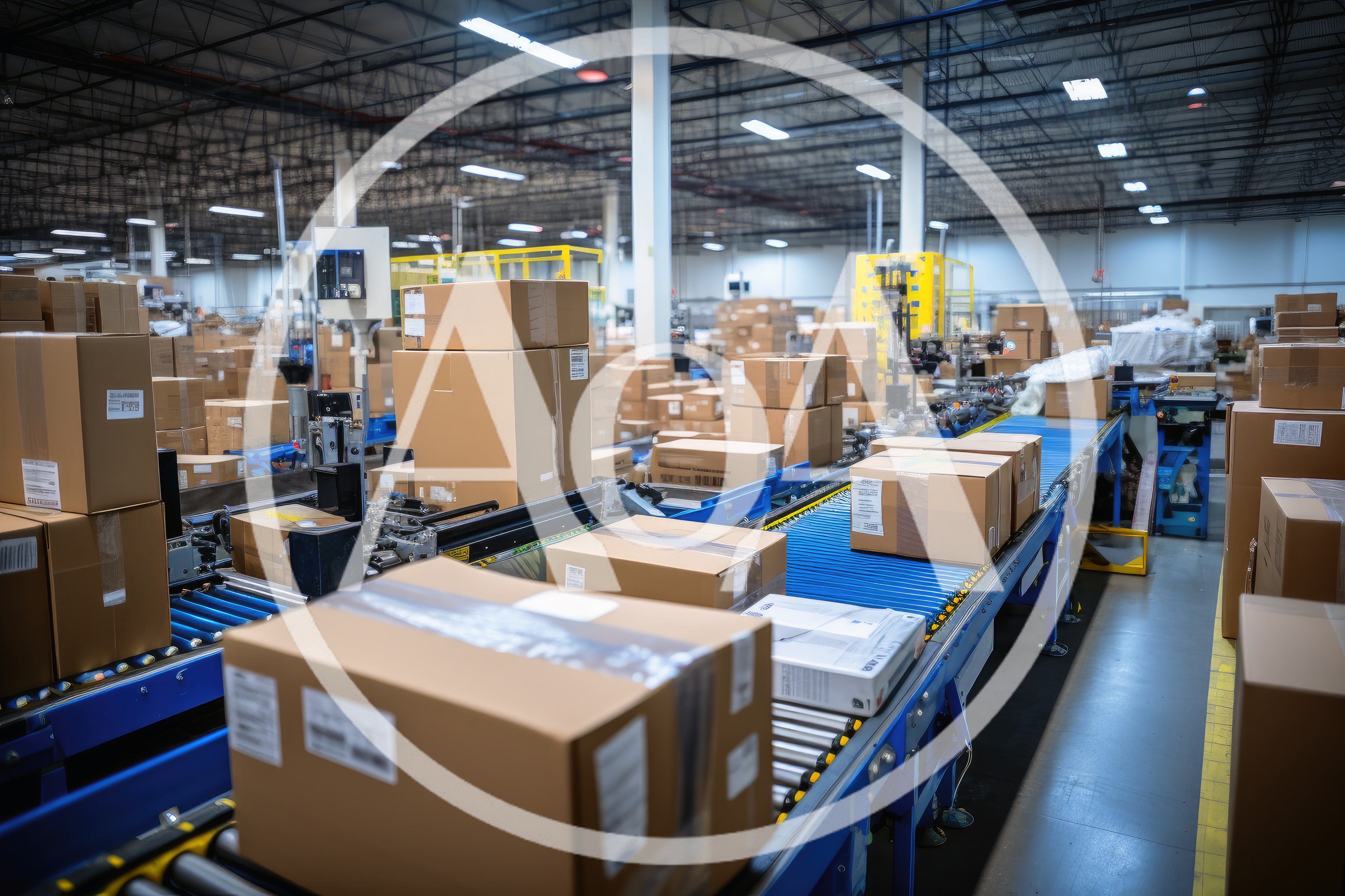 Cardboard Boxes Moving Along Automated Warehouse Conveyor Belt