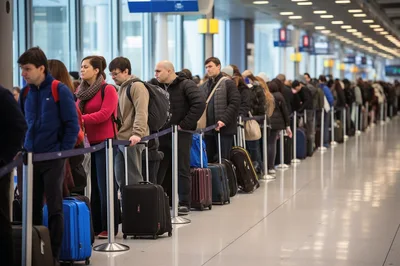 Travelers Waiting In A Long Airport Check-In Queue