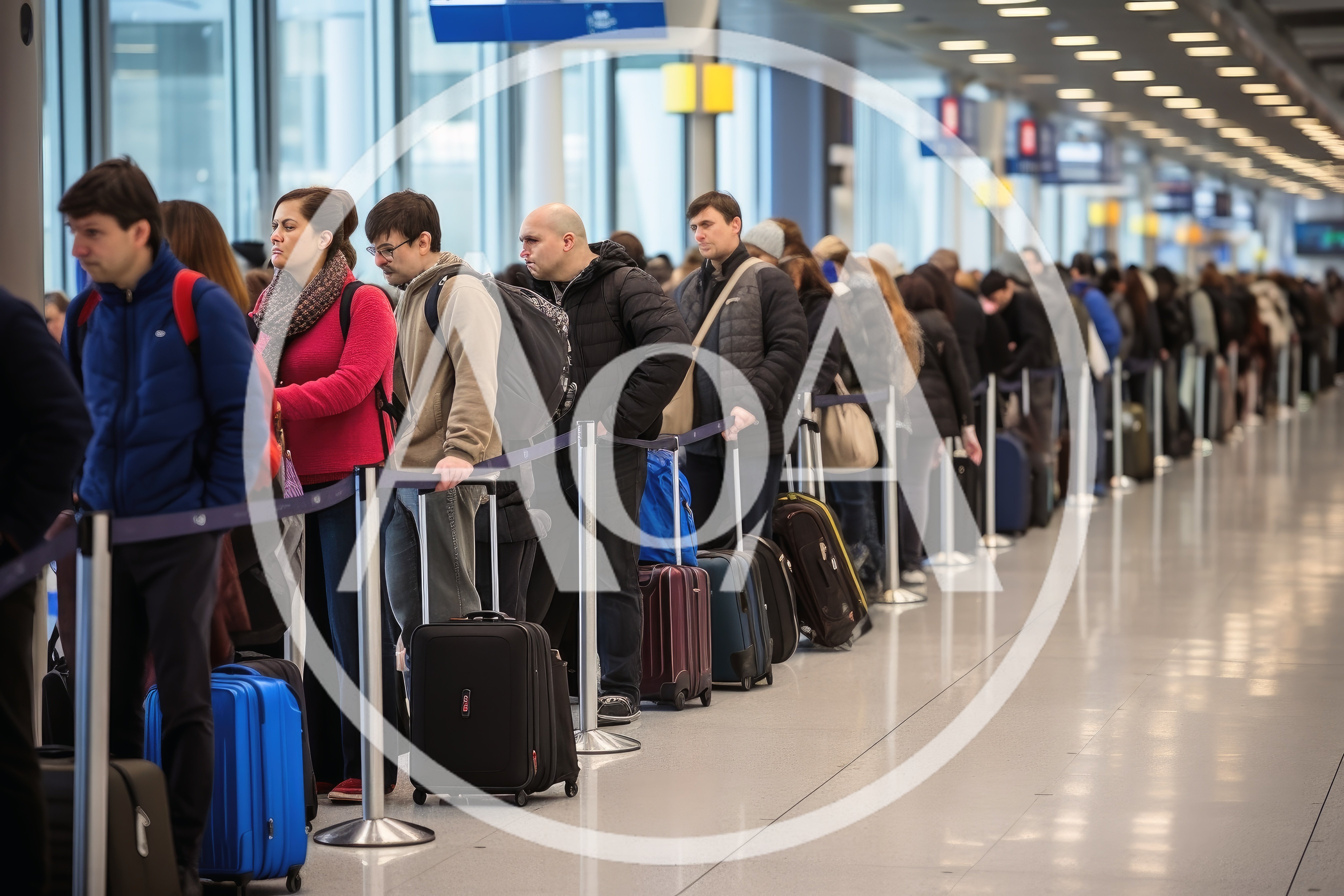 Travelers Waiting In A Long Airport Check-In Queue