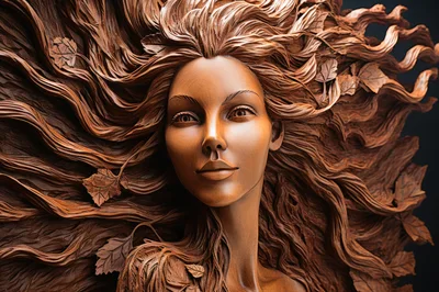 Intricate Wooden Sculpture Of A Woman With Flowing Hair