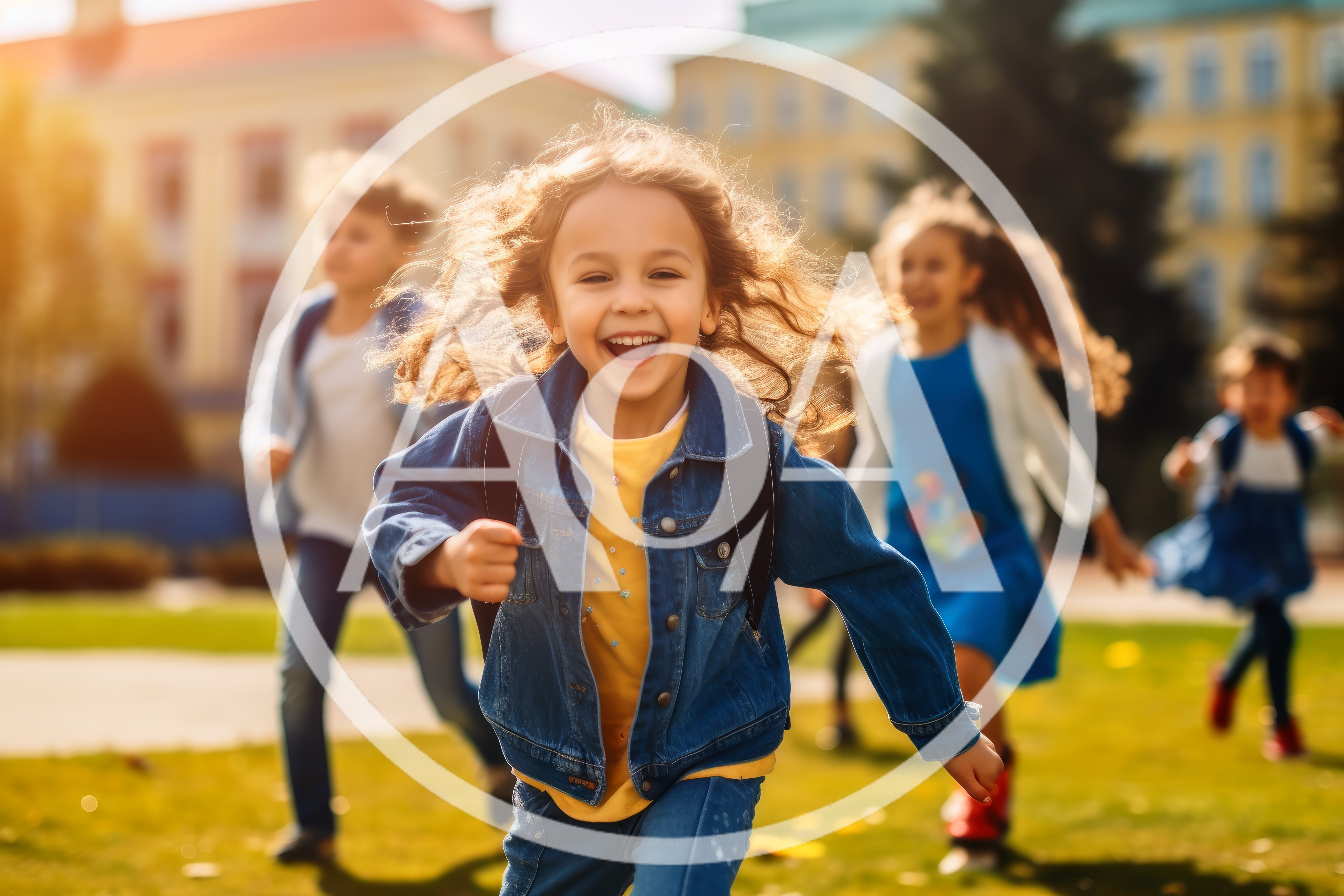 Happy School Children Running Outdoors Together