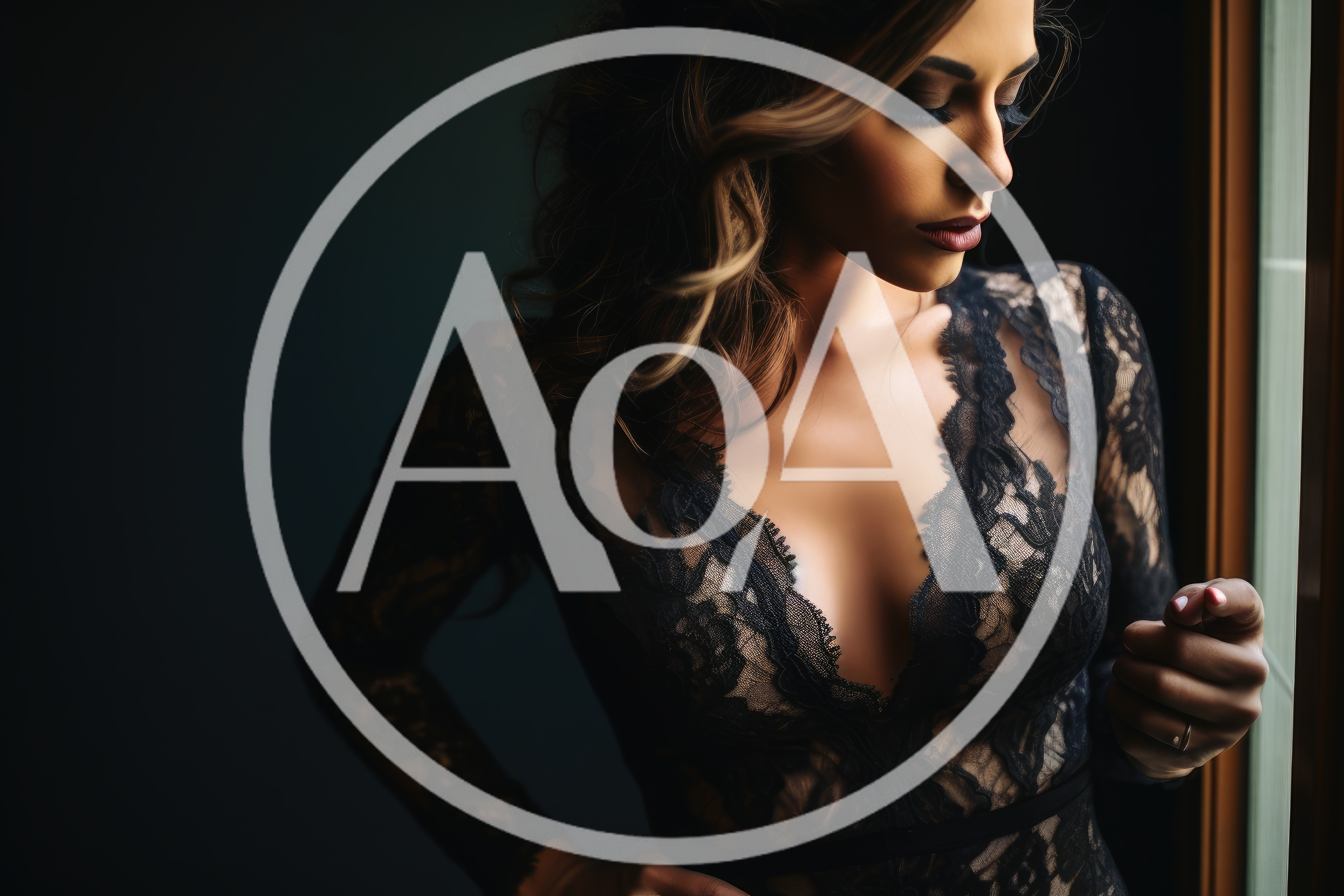 Elegant Woman In Black Lace Bodysuit Standing By Window