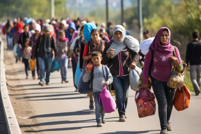Group Of Migrants Walking Along A Road