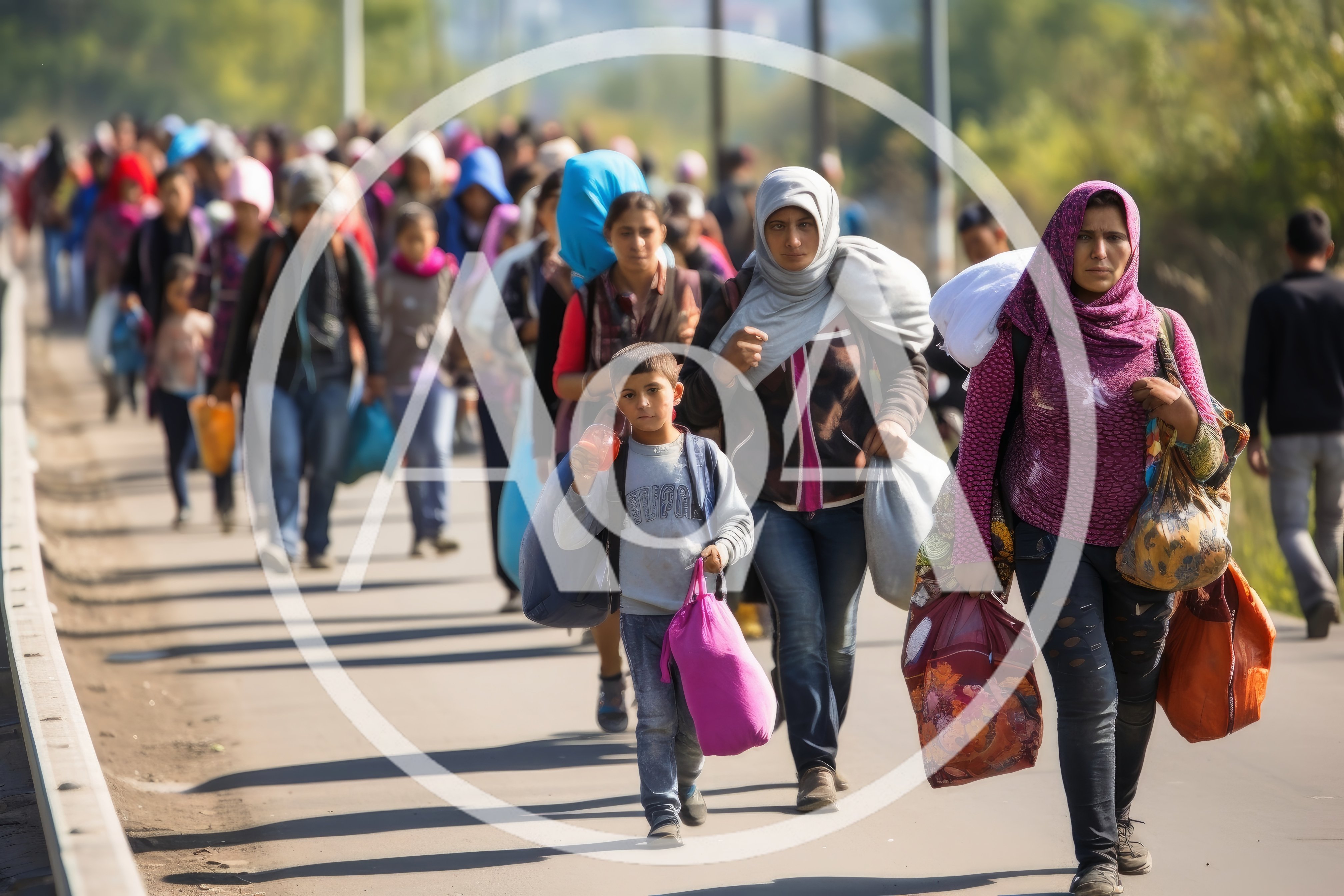 Group Of Migrants Walking Along A Road