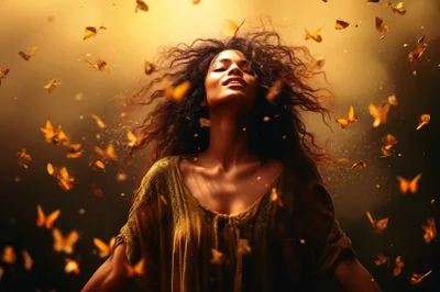 Woman With Curly Hair Surrounded By Flying Butterflies