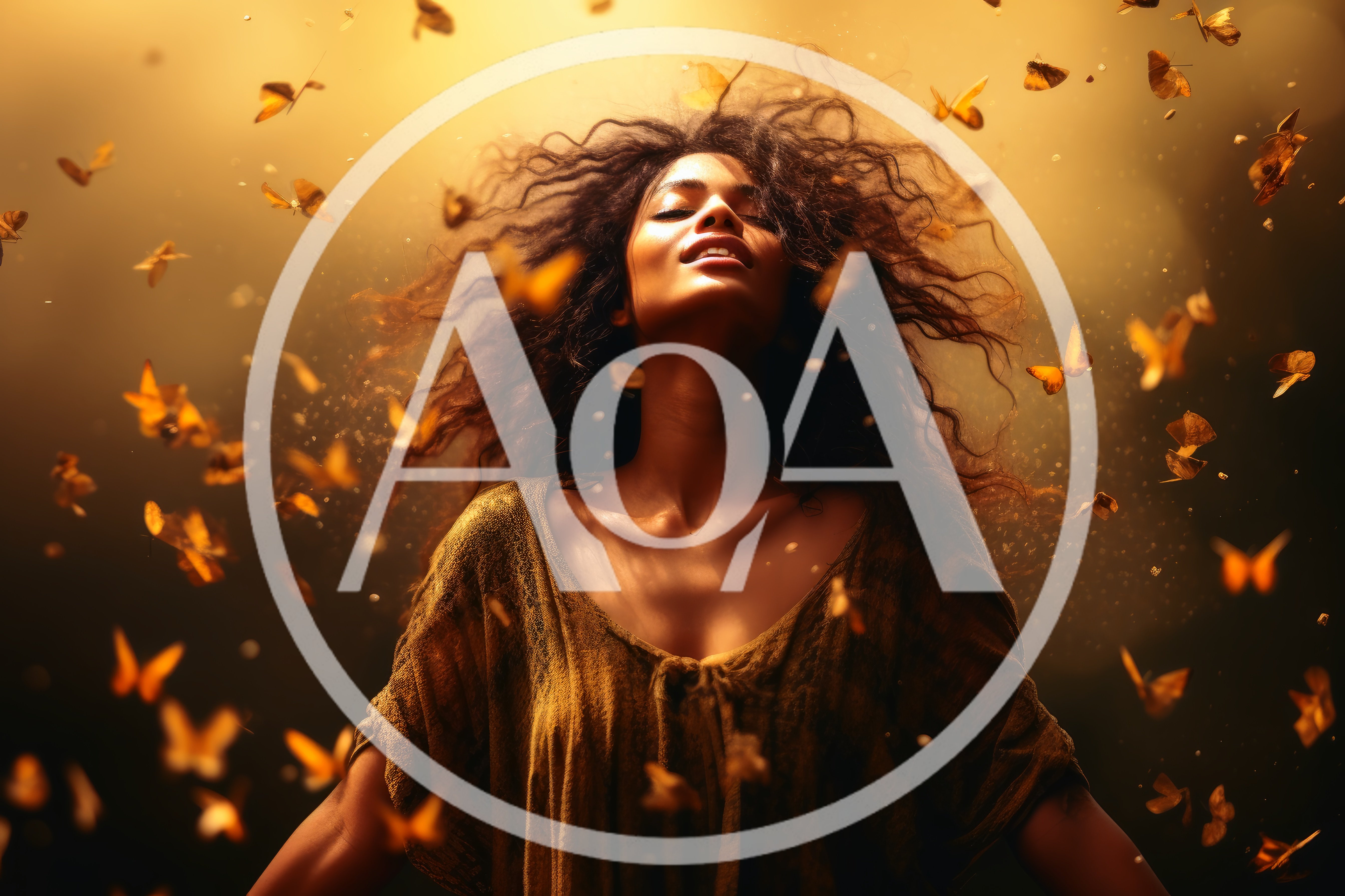 Woman With Curly Hair Surrounded By Flying Butterflies