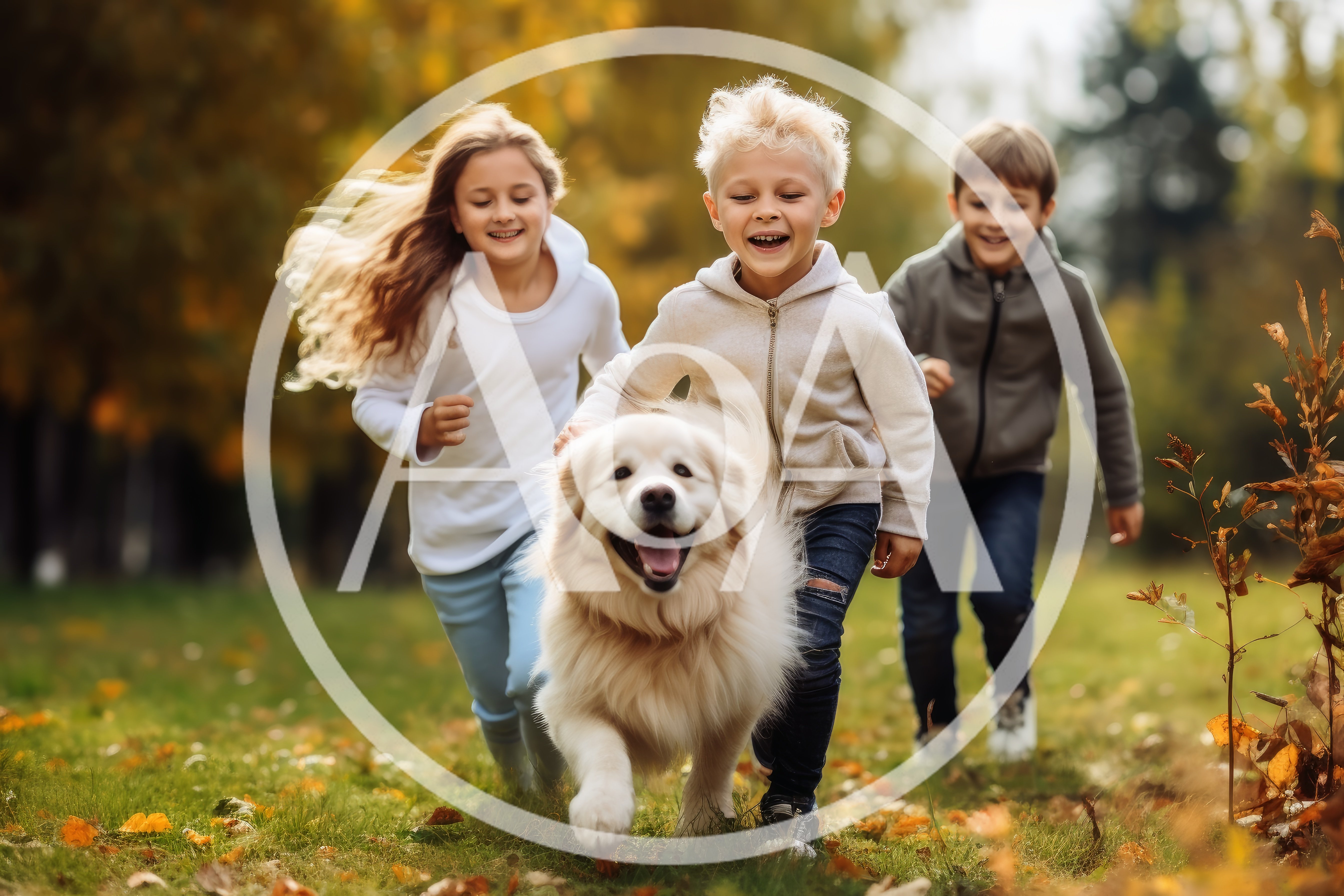 Three Children Running With A Dog In Autumn Park