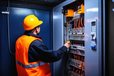 Technician Inspecting Industrial Electrical Control Panel