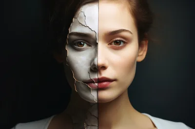 Split Face Portrait With Cracked Stone And Human Skin