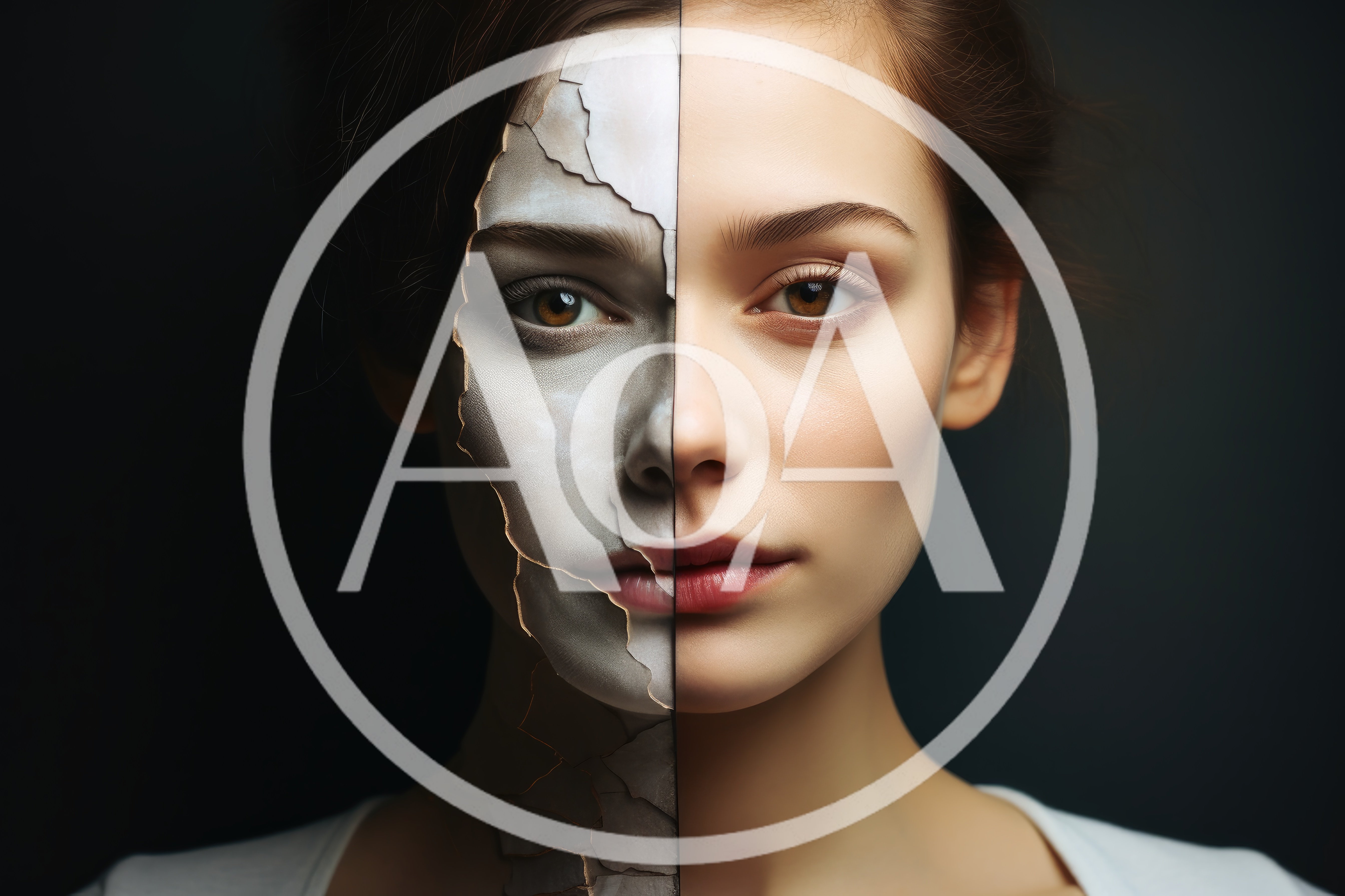 Split Face Portrait With Cracked Stone And Human Skin