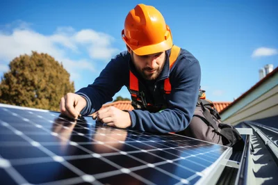 Professional Technician Installing Solar Panels On Residential Roof