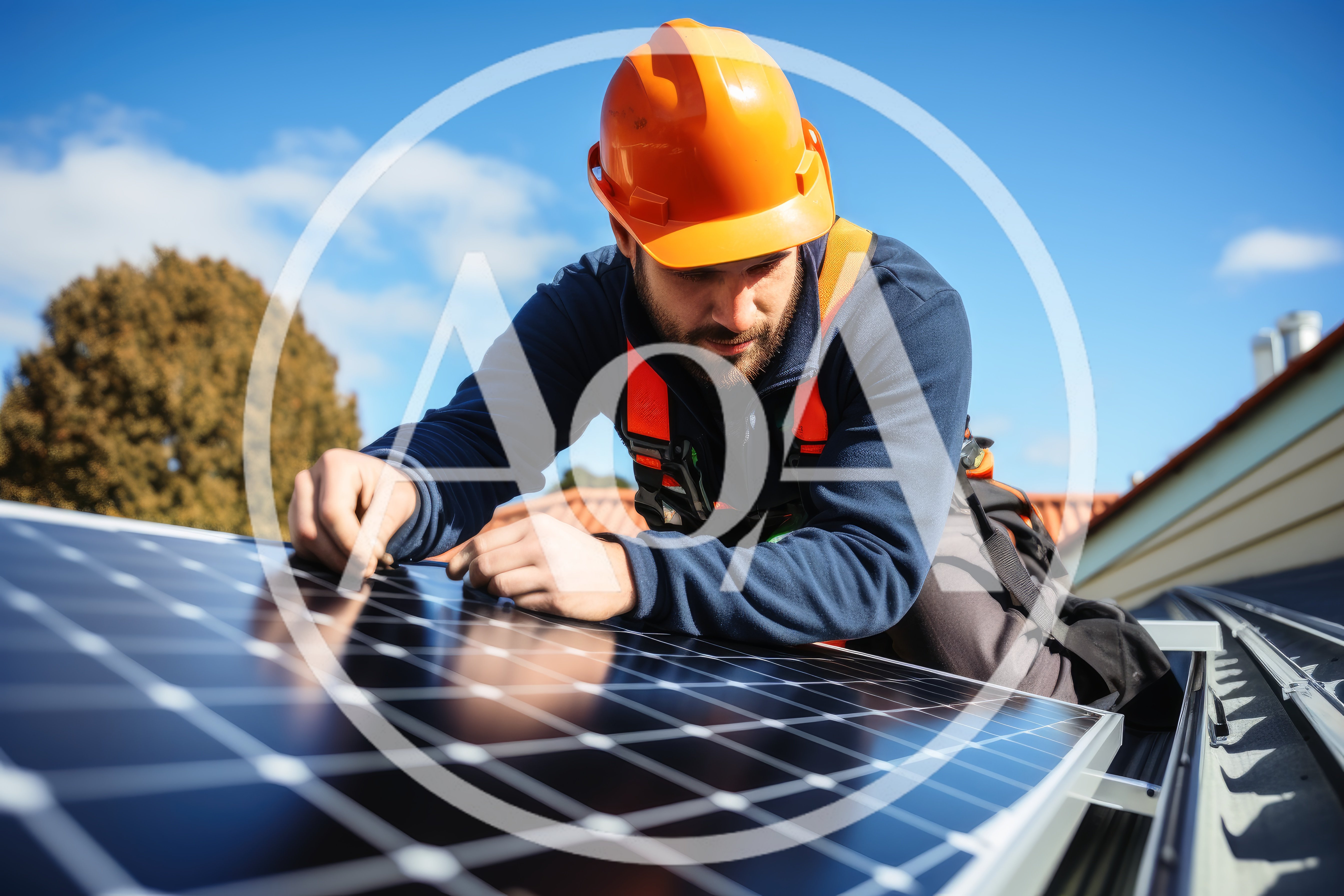 Professional Technician Installing Solar Panels On Residential Roof
