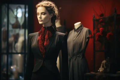 Fashion Mannequin Wearing Elegant Black Blazer And Red Blouse