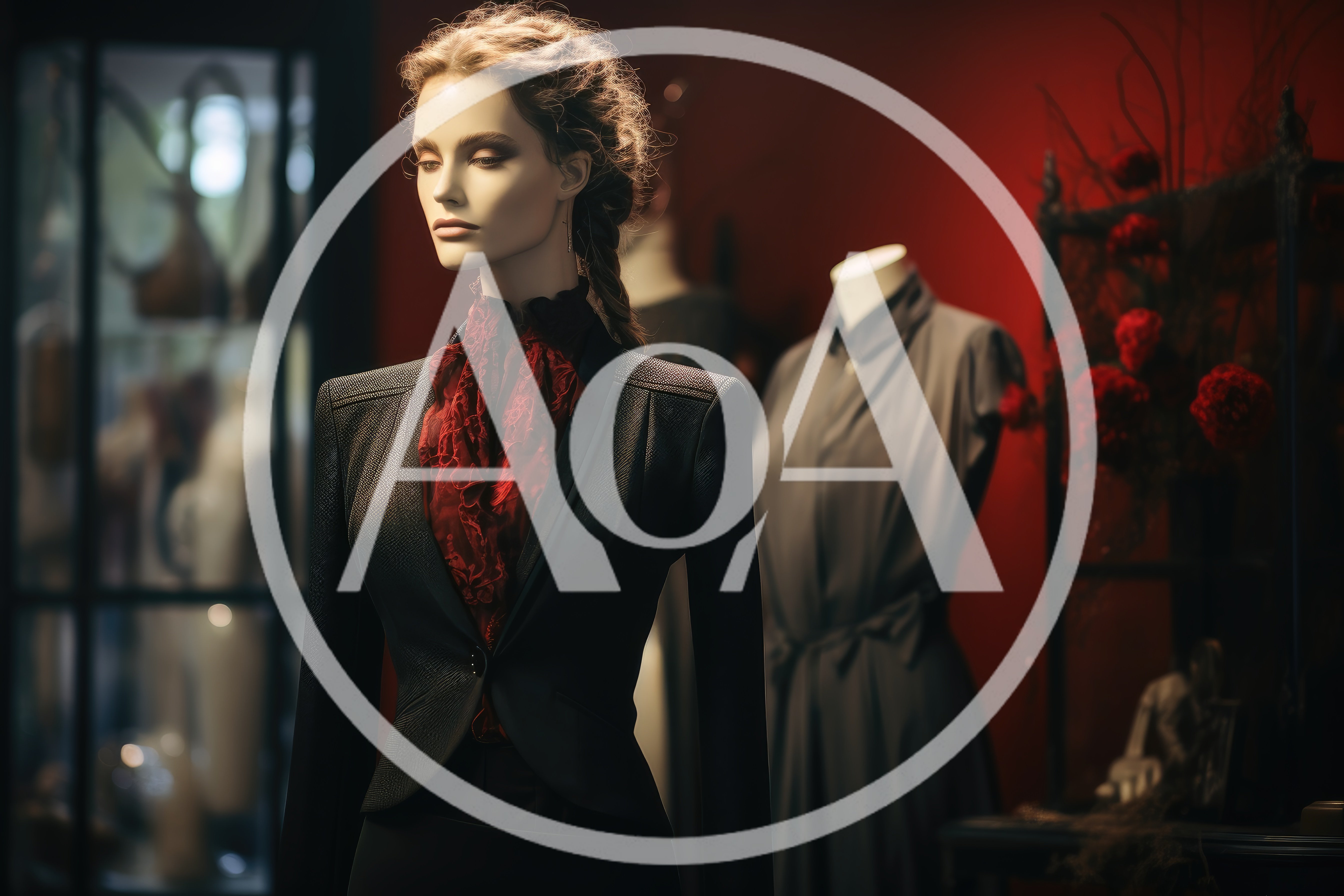 Fashion Mannequin Wearing Elegant Black Blazer And Red Blouse