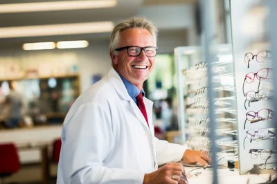 Smiling Optometrist Working In An Optical Store