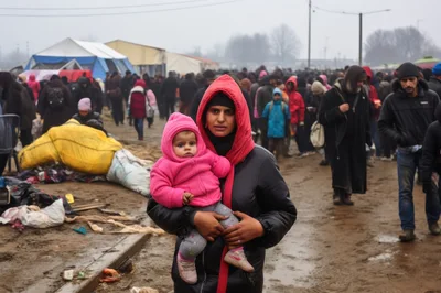 Refugee Mother Holding Her Baby In A Crowded Camp