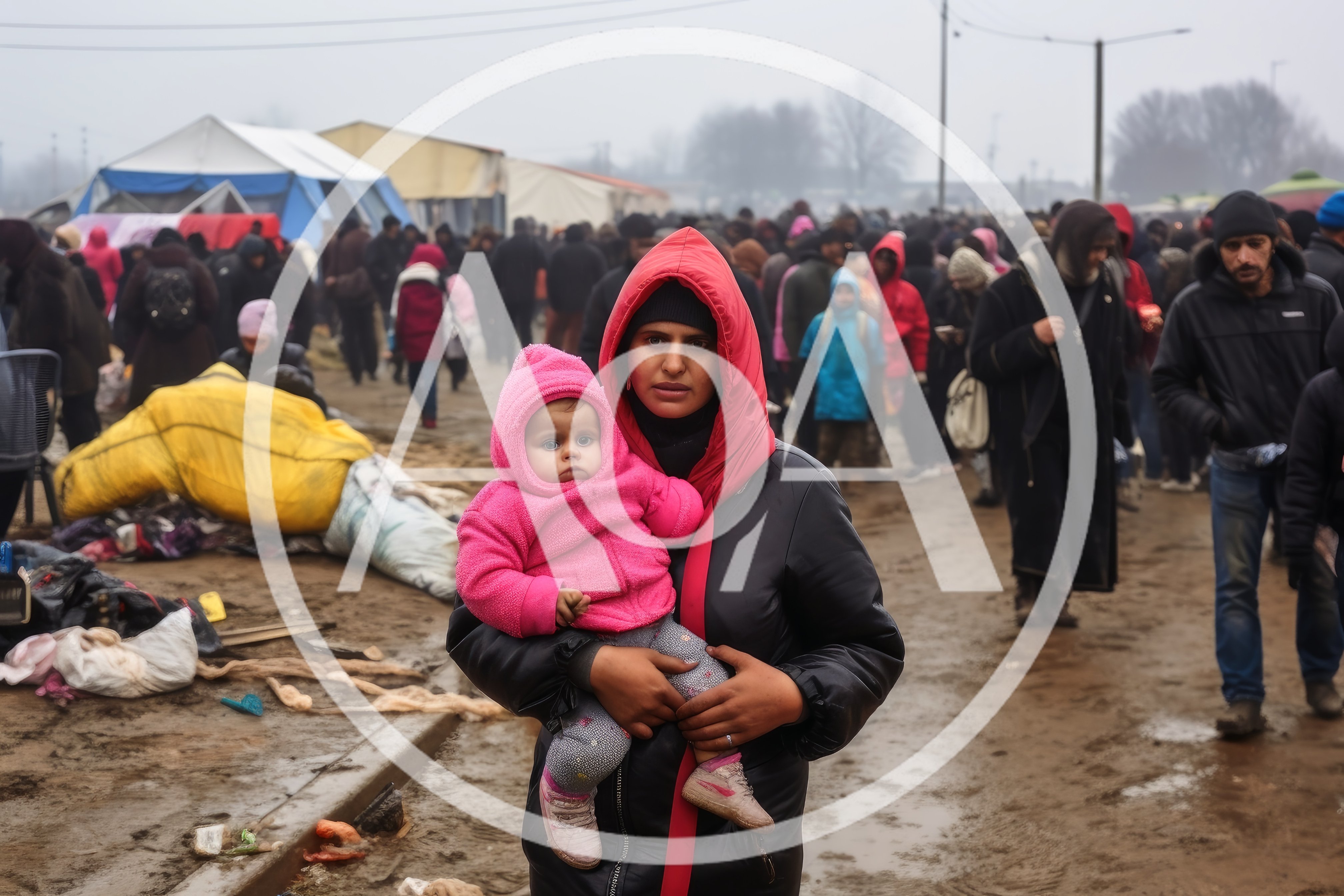 Refugee Mother Holding Her Baby In A Crowded Camp