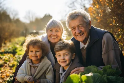 Grandparents Gardening With Grandchildren In Sunny Autumn Garden