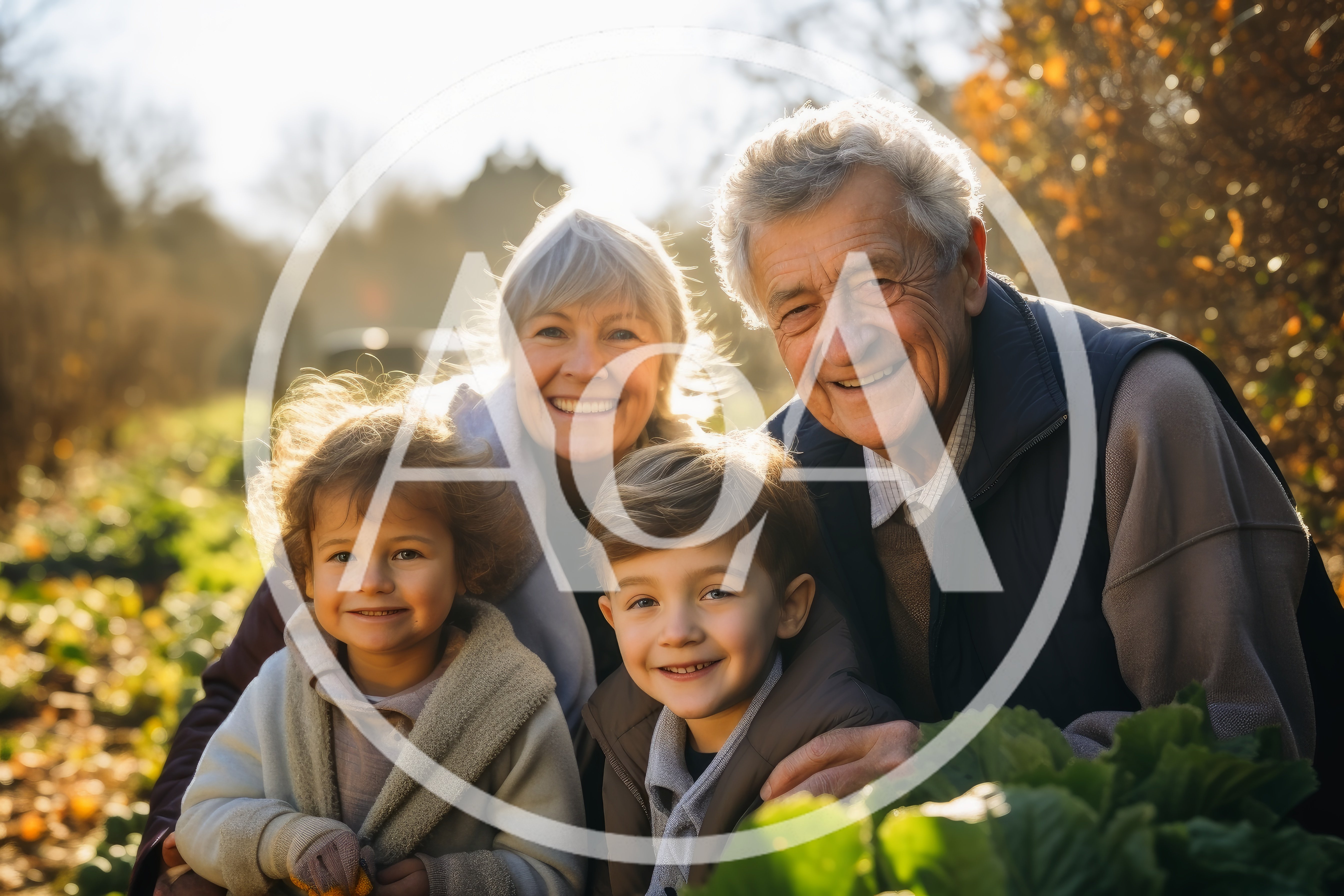 Grandparents Gardening With Grandchildren In Sunny Autumn Garden