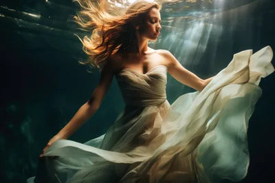 Woman In Flowing White Dress Swimming Underwater