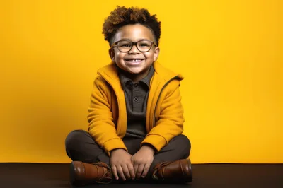 Happy Young Boy Sitting On Floor Against Yellow Background