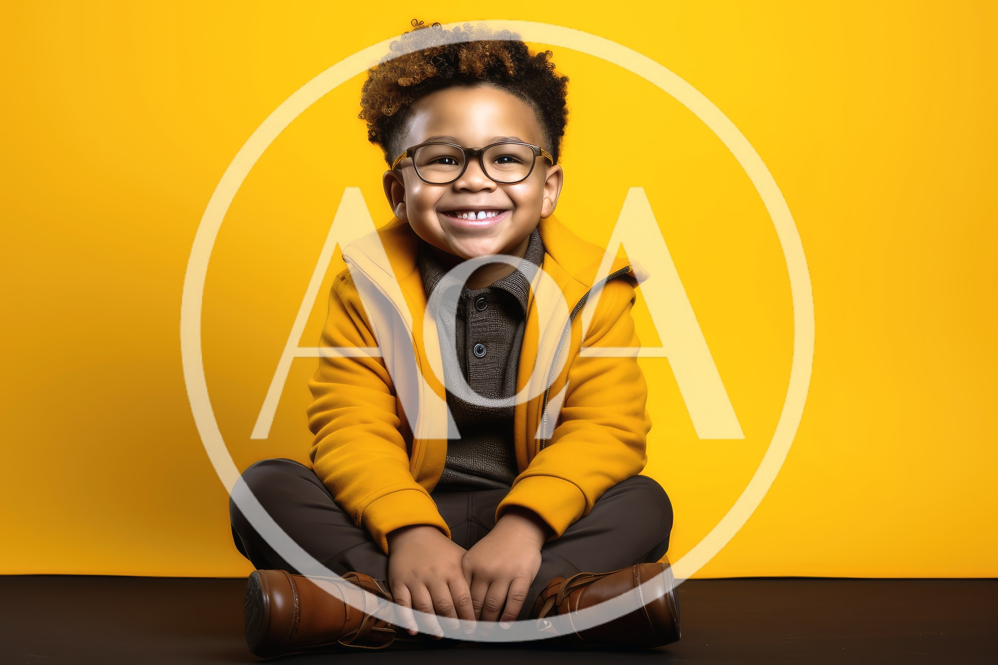 Happy Young Boy Sitting On Floor Against Yellow Background