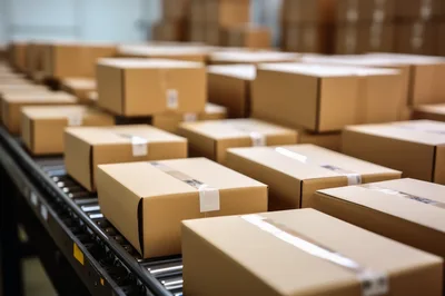 Cardboard Boxes Moving Along An Industrial Conveyor Belt