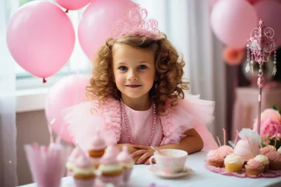 Little Girl Celebrating Birthday With Cupcakes And Balloons