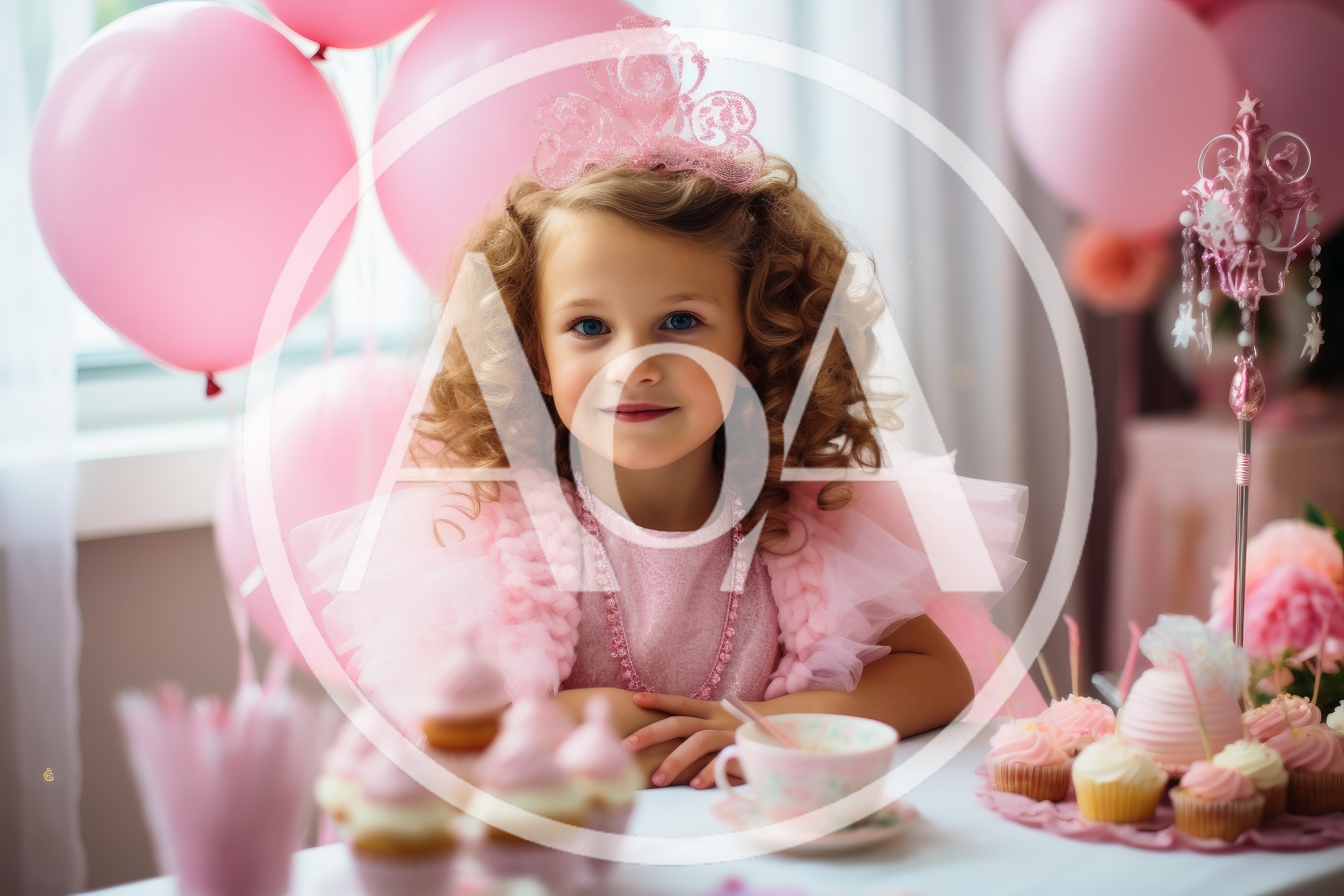 Little Girl Celebrating Birthday With Cupcakes And Balloons