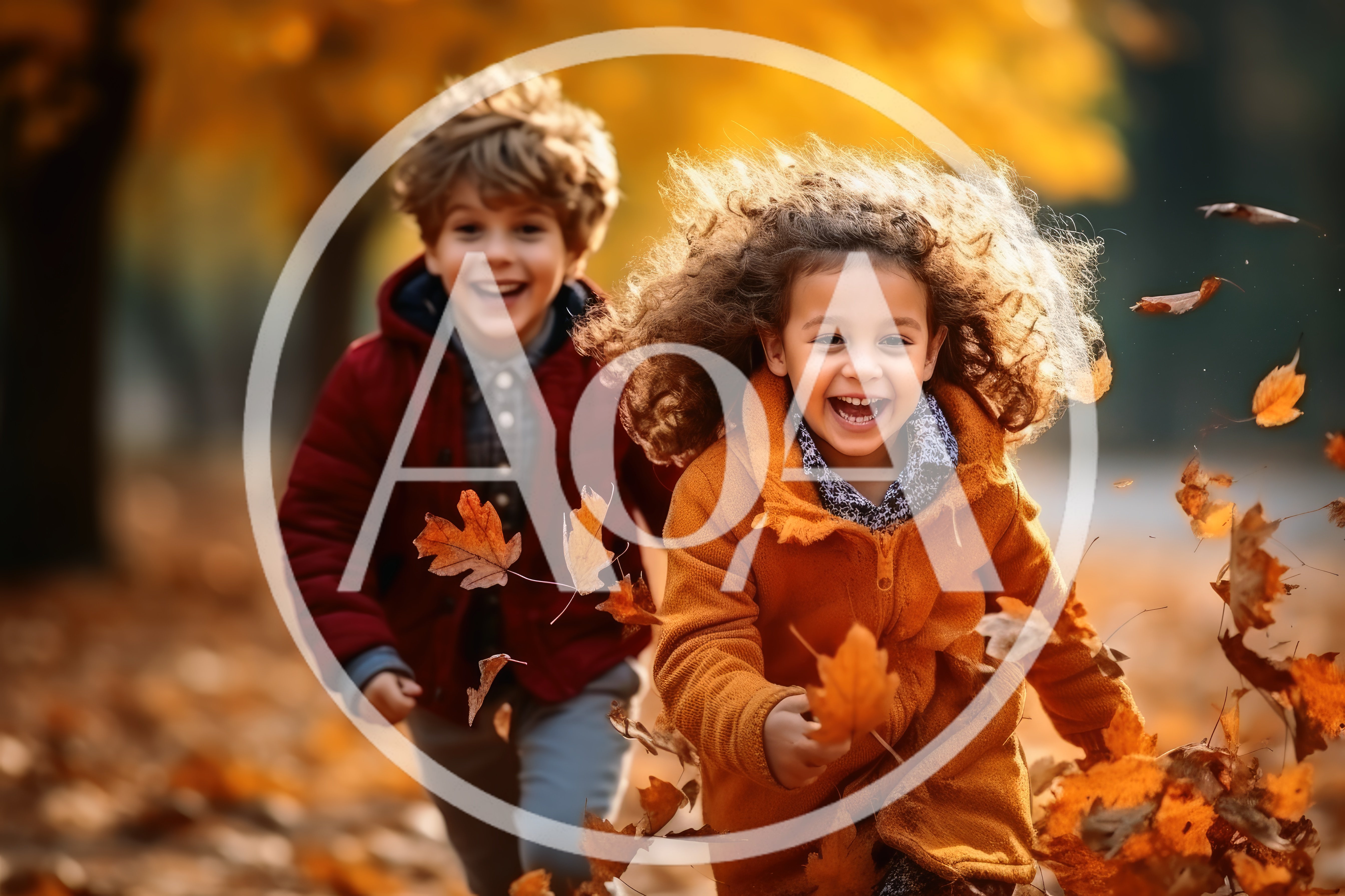 Happy Children Running Through Autumn Leaves