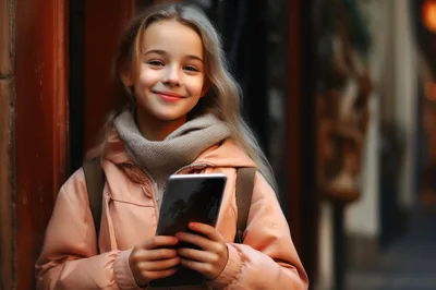 Young Girl Holding Tablet Outdoors