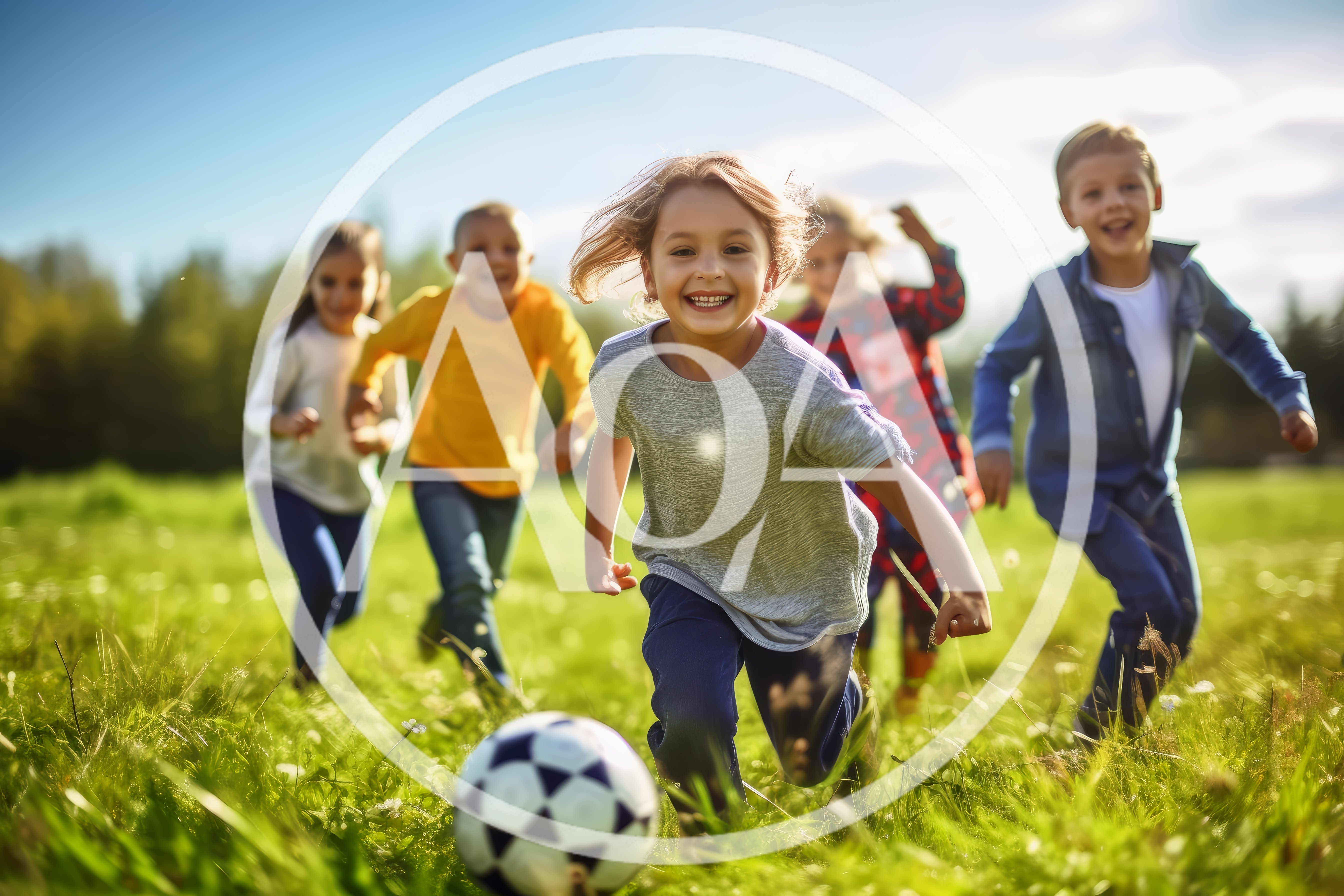 Group of Happy Children Playing Soccer Outdoors