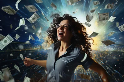 Excited Woman Celebrating Success Amidst Falling Money
