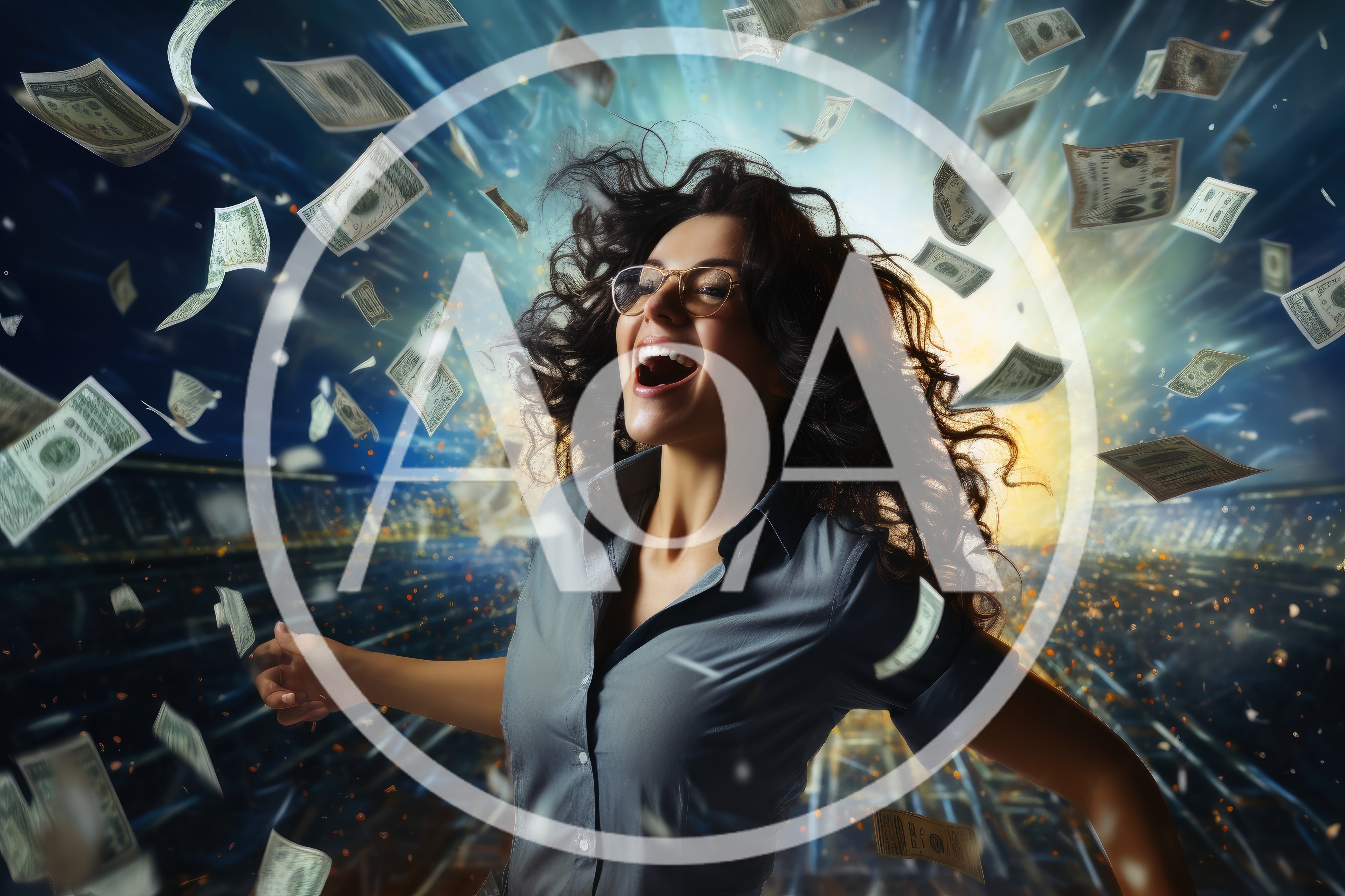 Excited Woman Celebrating Success Amidst Falling Money