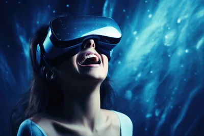Young Woman Experiencing Immersive Virtual Reality Headset