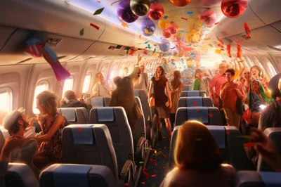 Celebratory Party Atmosphere Inside A Commercial Airplane Cabin