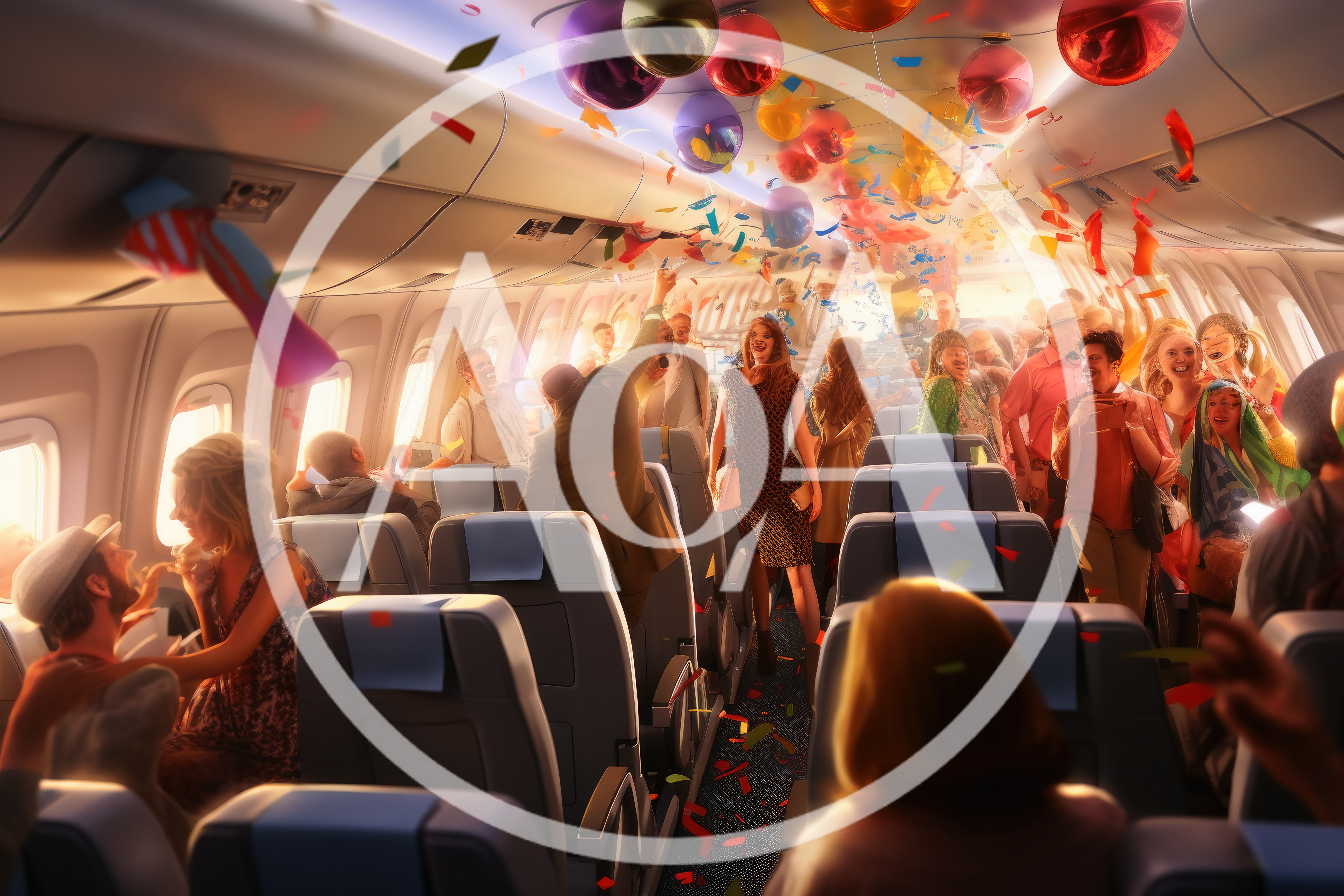 Celebratory Party Atmosphere Inside A Commercial Airplane Cabin