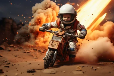 Toddler Astronaut Riding A Miniature Motorcycle On Mars