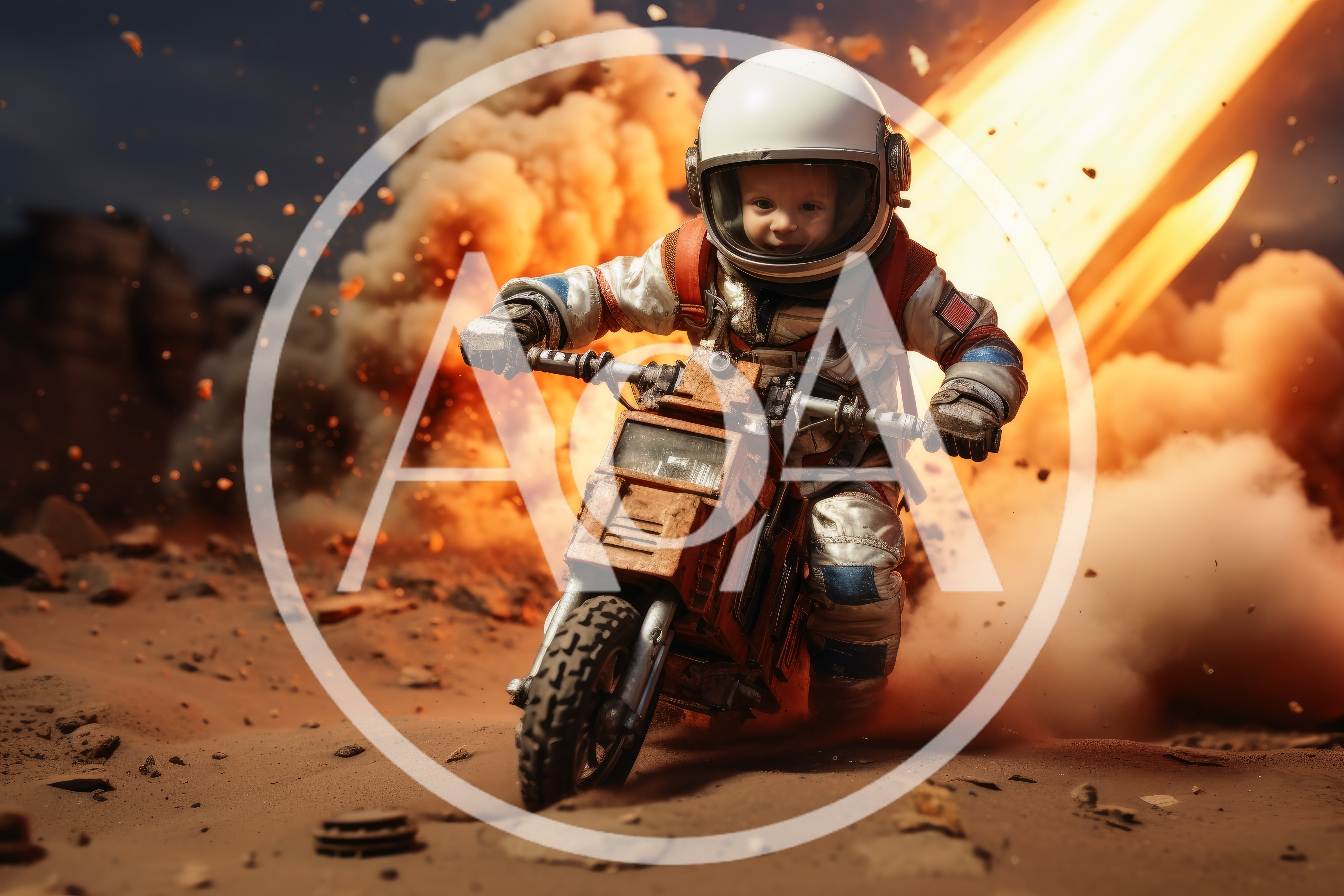 Toddler Astronaut Riding A Miniature Motorcycle On Mars