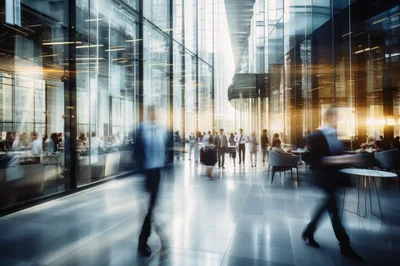 Business Professionals Walking Through Modern Glass Office Lobby
